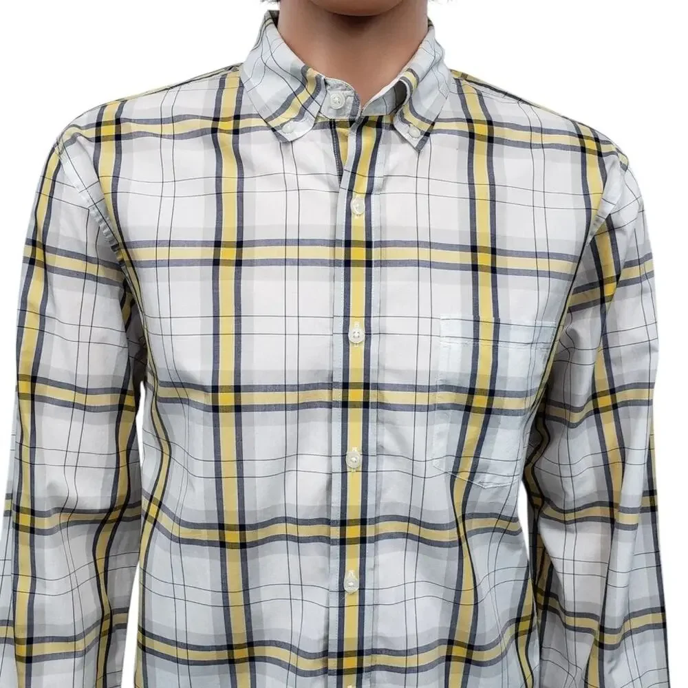 J. Crew NY Light Weight Shirt Slim Fit Men L Button Down White Yellow Navy Plaid